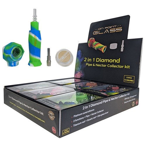 Description: Discover the ultimate versatility with the On Point Glass Diamond 2in1 Hand & Nectar Pipe Kit. This innovative kit combines the classic functionality of a hand pipe with the modern utility of a nectar collector, all in one sleek, high-quality